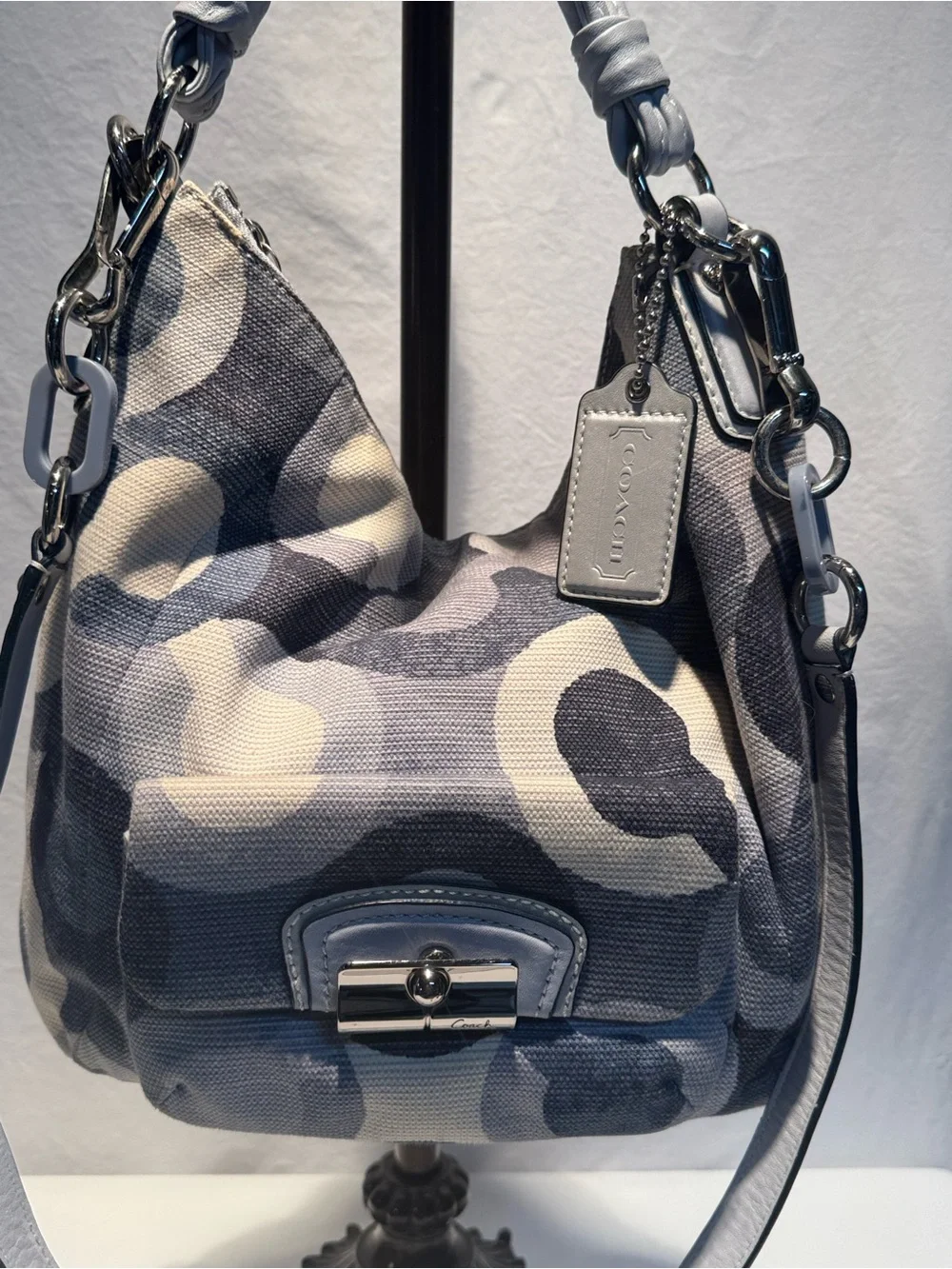 Coach Blue & White Signature Chain-Detail Hobo